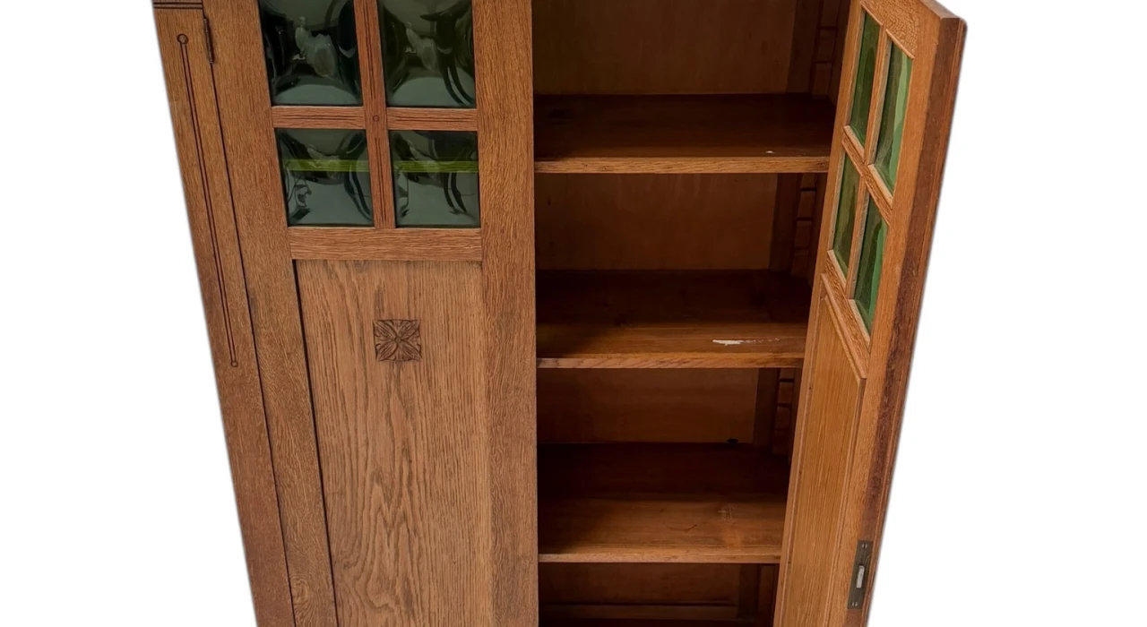 Arts & Crafts Art Nouveau Bookcase with Original Green Glass, 1900s